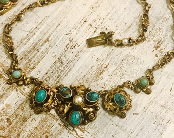 Beautiful Austro Hungarian Green Blue Persian Turquoise Pearl Gold Sterling Silver Antique Victorian Art Nouveau Necklace