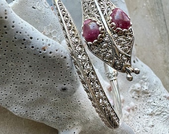 Filigree Sterling Silver Ruby Eyes Snake Vintage Bracelet