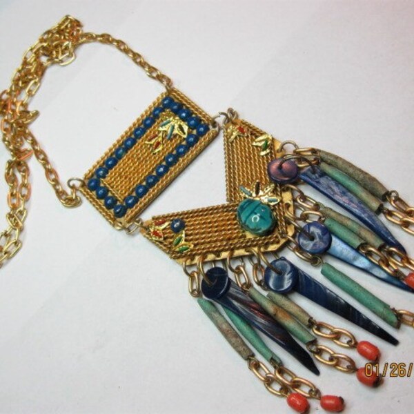 Run Way Egyptian Revival Faience Scarab Vintage Necklace