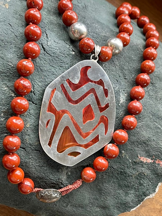 Chunky Hand Knotted Red Jasper Carnilian Sterling… - image 3