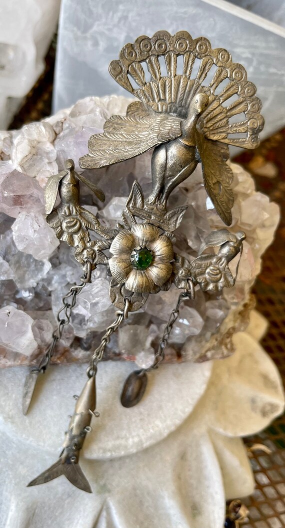 Beautiful Silver Peacock Bird Floral Antique Sash… - image 3