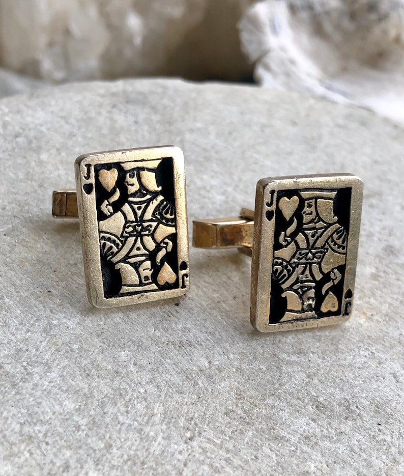 Very Cool Mid Century Joker Playing Card Sterling Silver Gold Gilt Vintage cufflinks