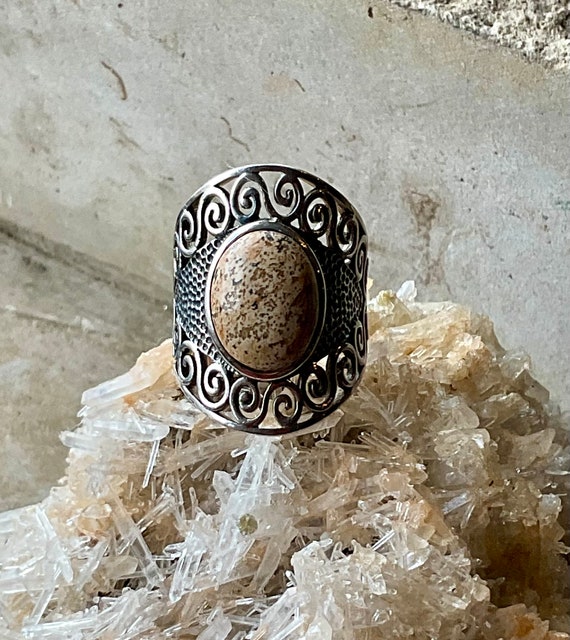Solid Sterling Silver Scroll Work Speckled  Brown… - image 1