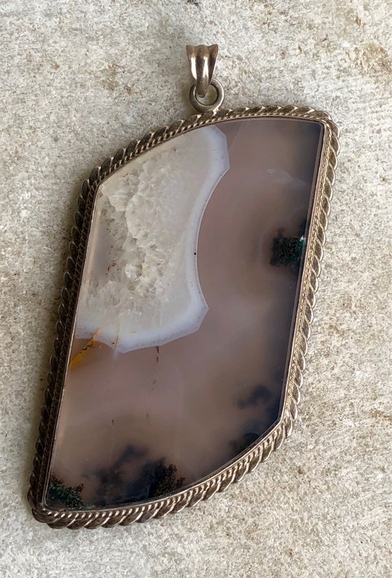 Bold Beautiful Sterling Silver Agate Vintage Pend… - image 5