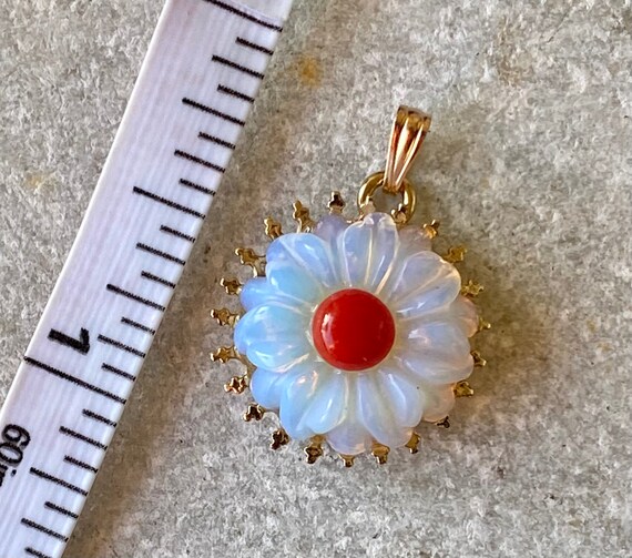 Elegant Carved Rainbow Opal Red Coral Flower Gold… - image 10