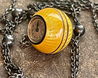 Art Deco Yellow Enamel Sterling Silver Antique Watch Pendant Flapper Necklace