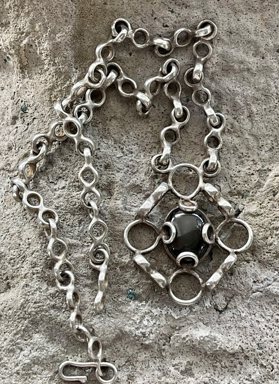 Mid Century Brutalist Sterling Silver Black Agate… - image 5