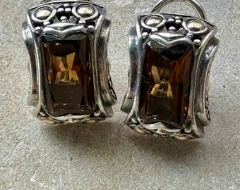 Designer, sterling silver, 18 karat gold, faceted, smoky topaz, vintage clip on earrings