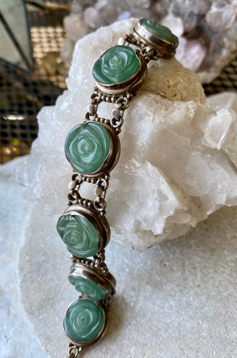 Carved Stone Flower Rose Sterling Silver Vintage Link Bracelet