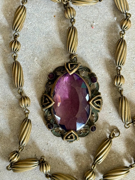 Authentic Art Deco  Faceted Purple Amethyst Czech  Crystal  Brass Bead Antique Vintage Necklace