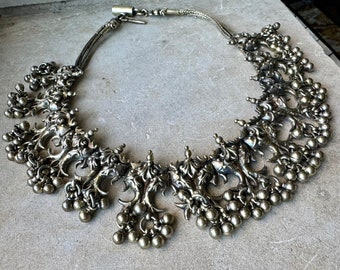 Old Byzantine Sterling Silver Double Fish Bell Antique Festoon Bib Cha Cha Vintage Antique Necklace