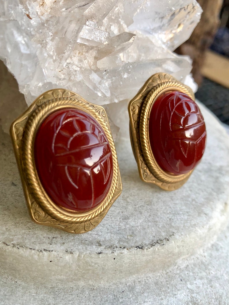 Beautiful Art Deco Egyptian Revival Scarab Carved Carnelian Art Glass Brass Vintage Clip Earrings Art Deco Earrings