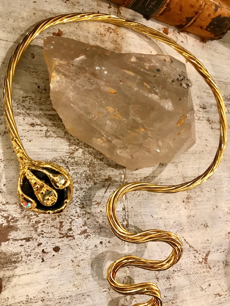 Goldtone Cleopatra Snake Sculptural Wrap Around Collar Vintage Necklace Wearable Art image 3