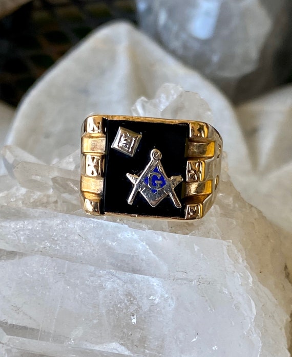 Art Deco Gold Onyx Diamond Masonic Antique Mans R… - image 4