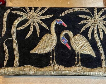 Beautiful Art Deco Art Nouveau Gold thread Stitched Embordered Velvet Flamenco Palm Tree Antique Evening Handbag Clutch 