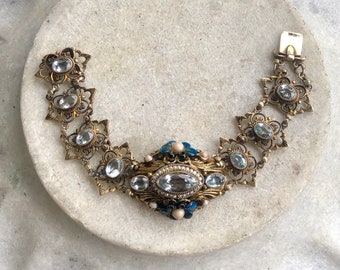 Pulsera antigua victoriana austrohúngara de aguamarina y perla – Esmalte de plata de ley bañado en oro