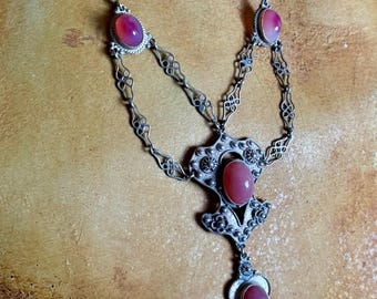 Antique Italian Art Nouveau Sterling Silver Dragon’s Breath Art Glass Festoon Necklace | Hallmarked Sterling |