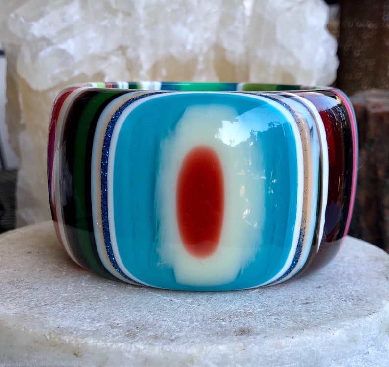 Bold Beautiful Designer Multi Color Heavy Resin Lucite Vintage Bangle Bracelet Singed Wearable Art
