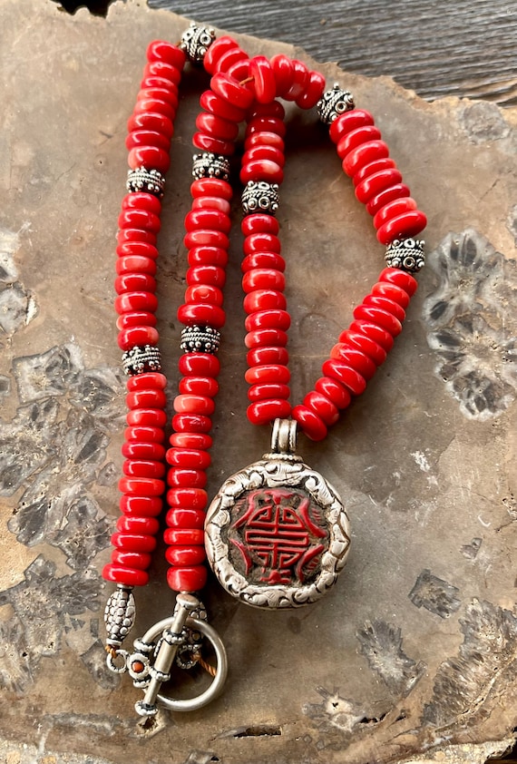 Red Coral Tibetan Silver Carved Cinnabar Pendant V