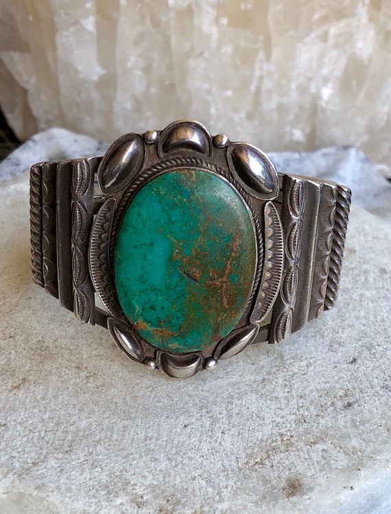 Beautiful Native American Sterling Silver Green Matrix Turquoise Native American Bracelet Native American Jewelry View 4