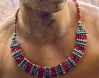 1960s Vintage Ethnic Red Stone Bib Necklace – Faceted Opaque Gemstone Festoon – Five Strand Silver Statement Jewelry