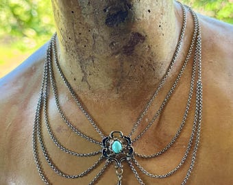 Vintage Austro-Hungarian Sterling Silver Turquoise Festoon Bib Necklace  Eastern European Multi-Strand Statement Necklace  Victorian Revival