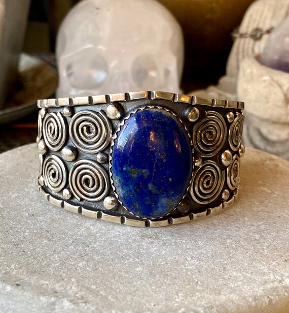 Bold Beautiful Tribal Heavy Sterling Silver Blue … - image 5