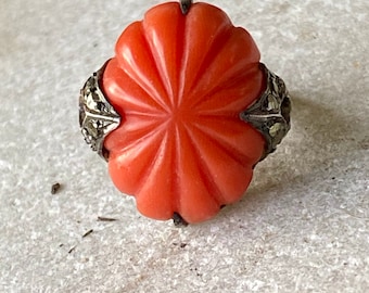 Stunning 1920s Art Deco Carvd Narutal Coral Sterling Siver Marcasite Vintage Antique Ring Art Deco Jewelry