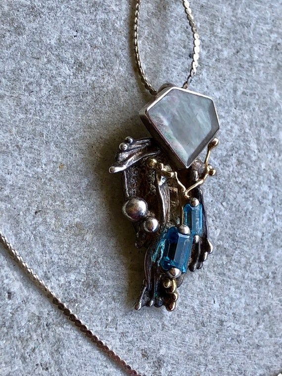 Blue Topaz Abalone Brutalist Sterling Silver 14kt… - image 5