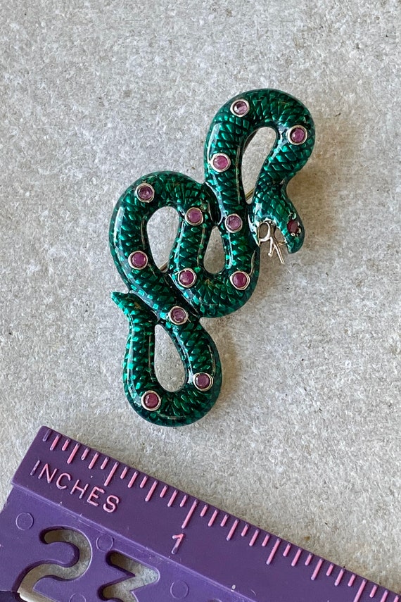 Sterling Silver Green Enamel Snake Serpant Ruby V… - image 5