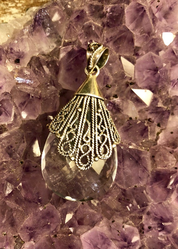Faceted Rock Quartz Crystal Sterling Silver Vintage Pendant