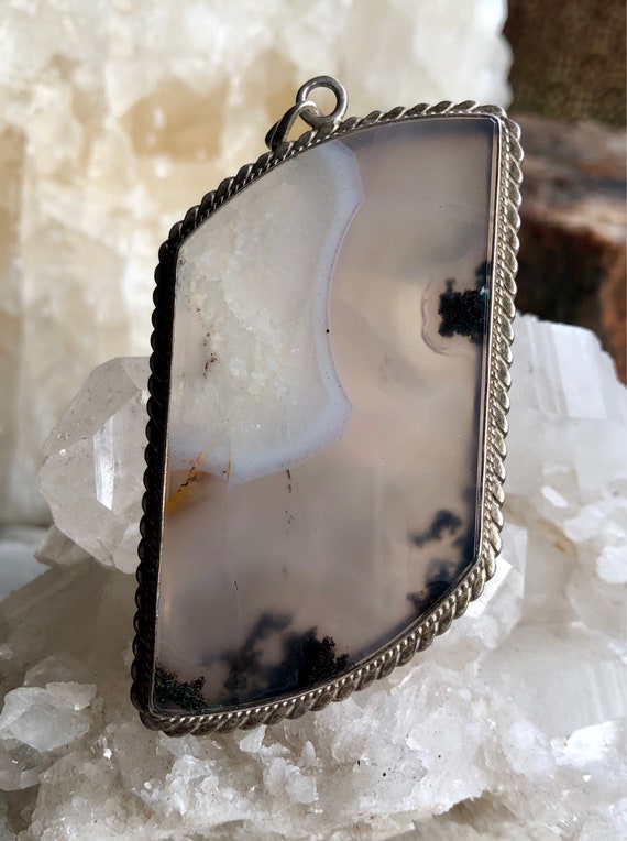 Bold Beautiful Sterling Silver Agate Vintage Pend… - image 1