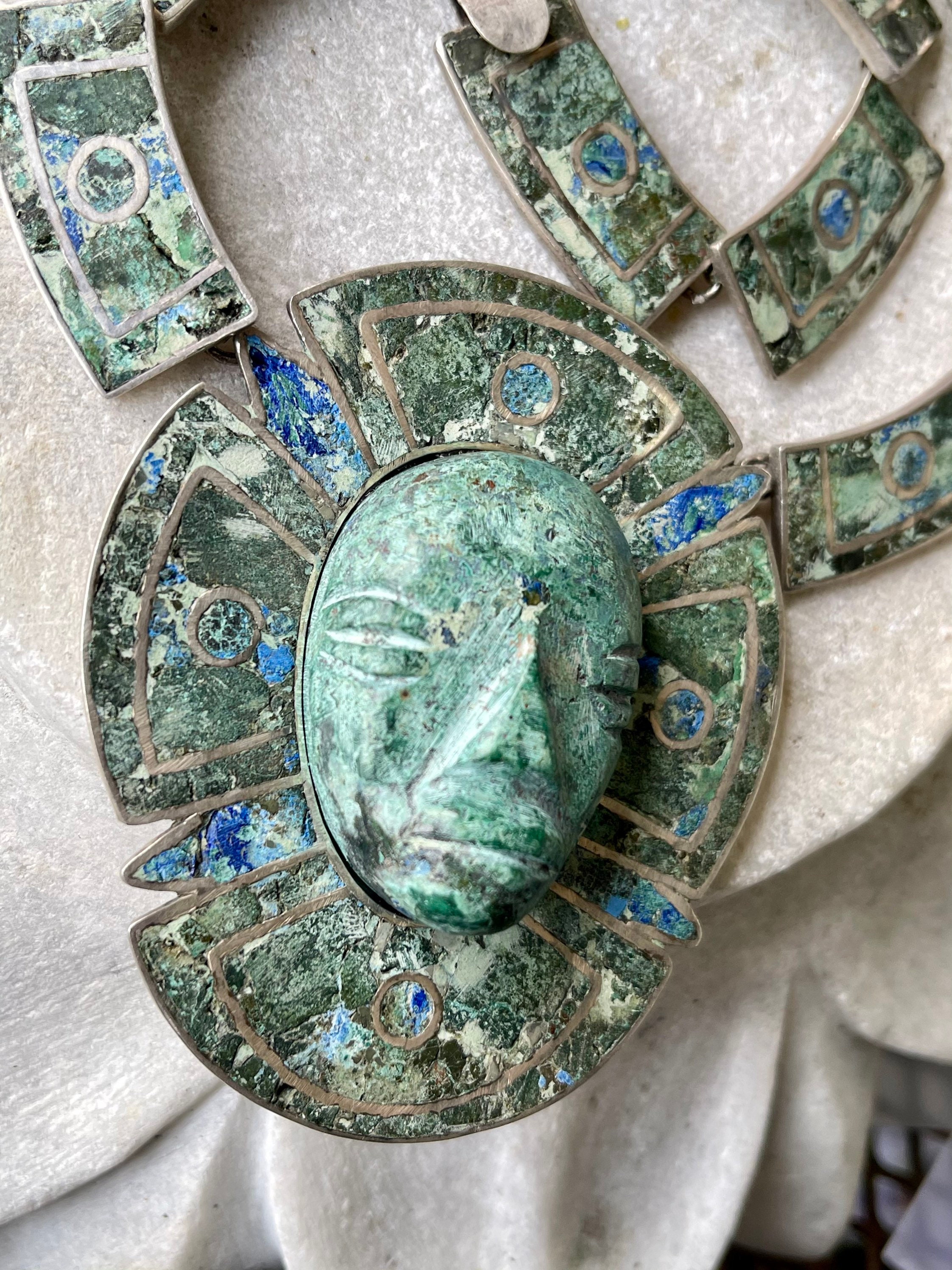 Beautiful Mexican Sterling Silver Crushed Azurite Turquoise Aztech