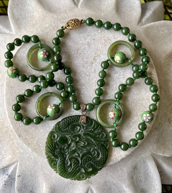 Stunning Carved Green Jade Dragon Cloisonne Long … - image 1