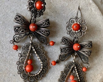Orecchini vintage in argento sterling messicano con filigrana di corallo – Grandi pendenti da 3,75 pollici – 39 grammi