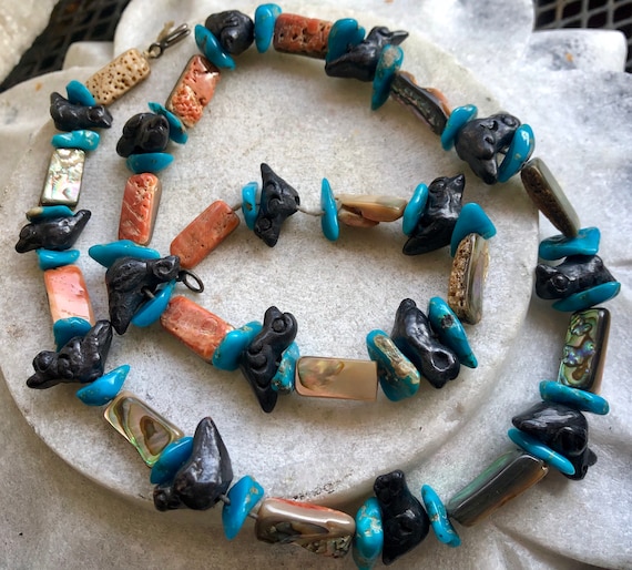 Old Native American Blue Turquoise Ceramic Bird Mother of Pearl