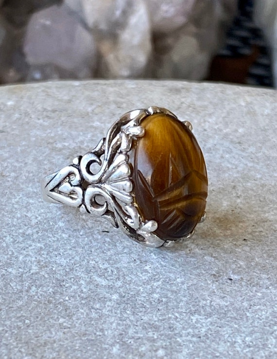 Art Deco Egyptian Revival Carved Tigers Eye Scara… - image 2