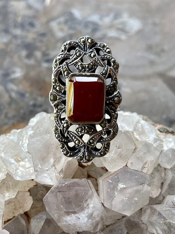 Art Deco Sterling Silver Marcasite Carnelian Vint… - image 1