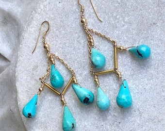 Gold Gilt Sterling Silver Turquoise Drop  Vintage Chandelier Earrings