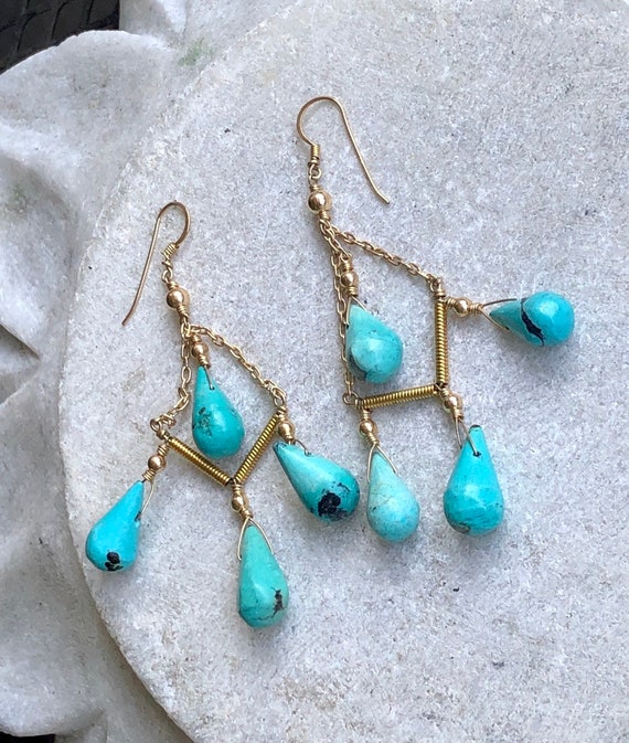 Gold Gilt Sterling Silver Turquoise Drop  Vintage… - image 1