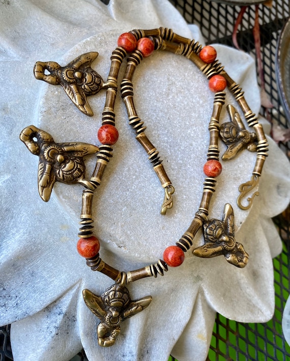 Bold Antique Brass Bead Garuda Red Sponge Coral  … - image 3