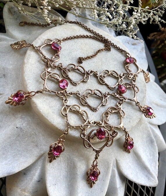 Beautiful Art Nouveau Art Deco Pink Crystal Stone… - image 7