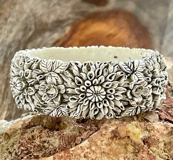 Floral Carved Celluloid  Vintage Clamper Bangle B… - image 1