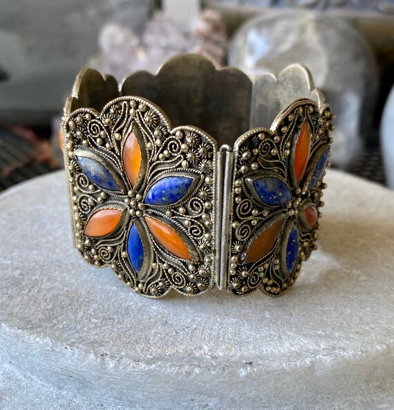 Bracelet Argent Sterling Lapis Lazuli Et Corail - Cabochons - XXe Siècle - Occasion