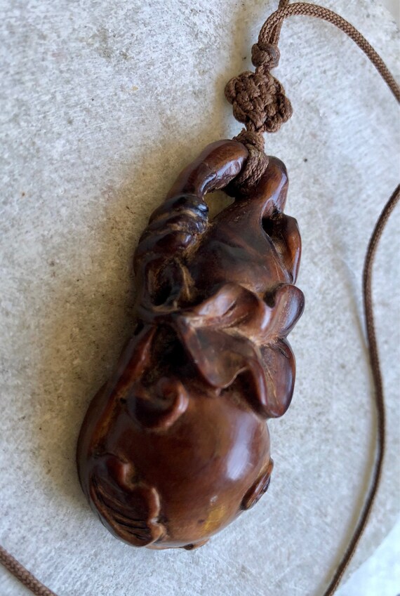 Beautiful Old Chinese Carved Wood Brown Silk Vint… - image 4