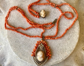 Stunning Victorian Coral Pearl Sterling Silver Carved Shell Cameo Hand Stitched Antique Necklace