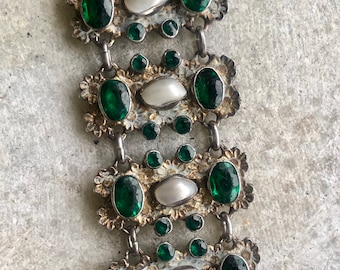 Beautiful Victorian Austro Hungarian Sterling Silver  Pearl Green Stone Vintage Antique  Victorian Art Nouveau Bracelet