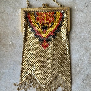 1920s Art Deco Enamel Metal Mesh Chain Link Antique Evening Bag