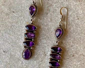 Beautiful Purple Amethyst Sterling Silver Long Vintage Earrings