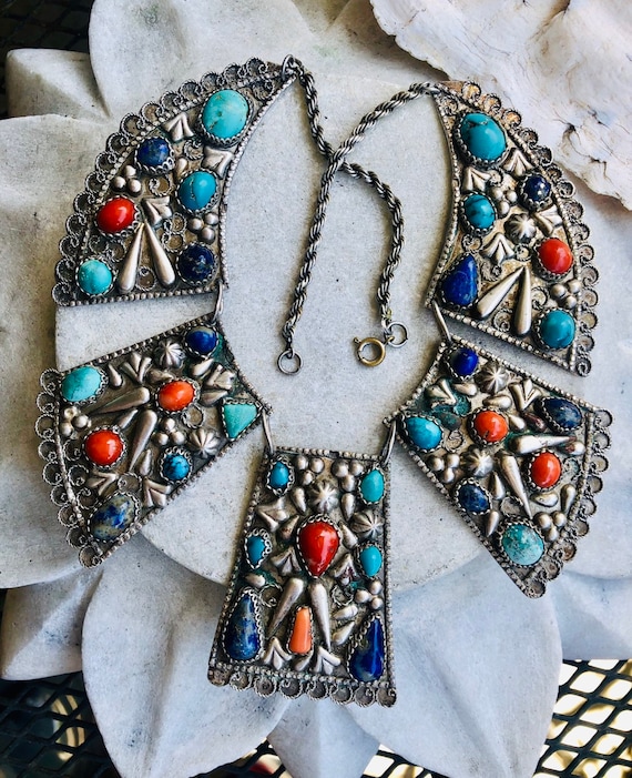 Old Sterling Sivler Coral Lapis Turquoise Vintage 